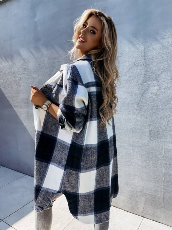 Women’s single-breasted plaid long-sleeved shirt jacket