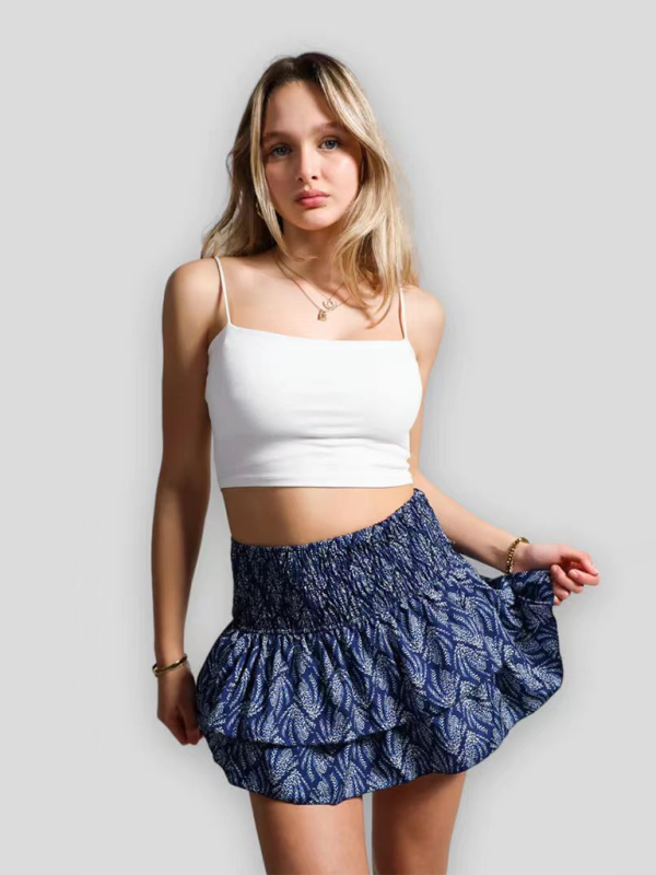 Women’s skirt pleated skirt ruffled printed skirt fashionable floral short skirt - Purplish blue navy / XS
