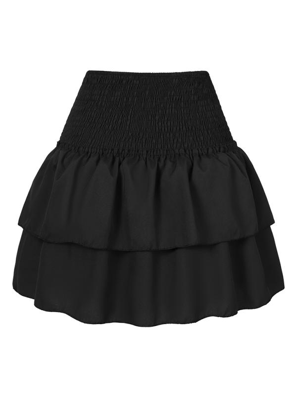 Women’s skirt pleated skirt ruffled printed skirt fashionable floral short skirt - Black / XS