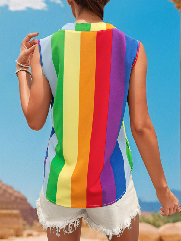 Women’s sleeveless basic shirt tops colorful striped V-neck shirt