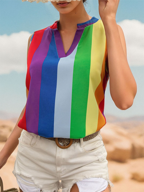 Women’s sleeveless basic shirt tops colorful striped V-neck shirt