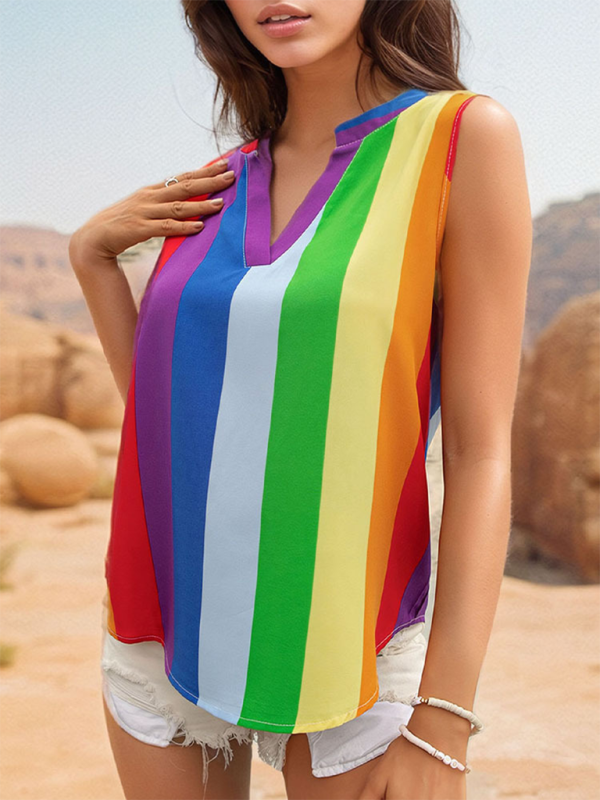 Women’s sleeveless basic shirt tops colorful striped V-neck shirt - Purple / S