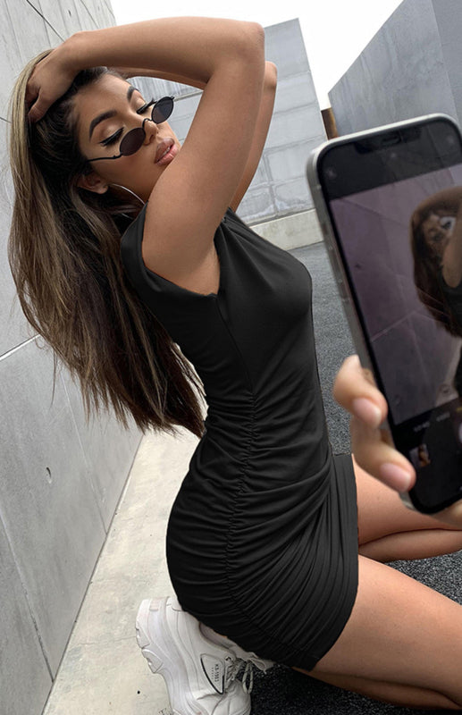 Women’S Sleeveless Irregular Shredded Pleated Hip Dress