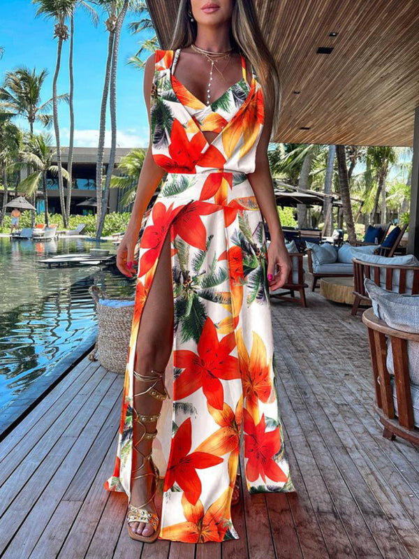 Women’s Sleeveless V-Neck Printed Hem Slit Dress (Underwear Excluded) - Red / S