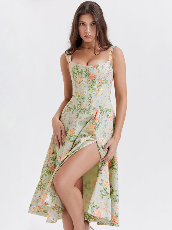 Women’s Slim Suspender Sexy Slit Floral Dress