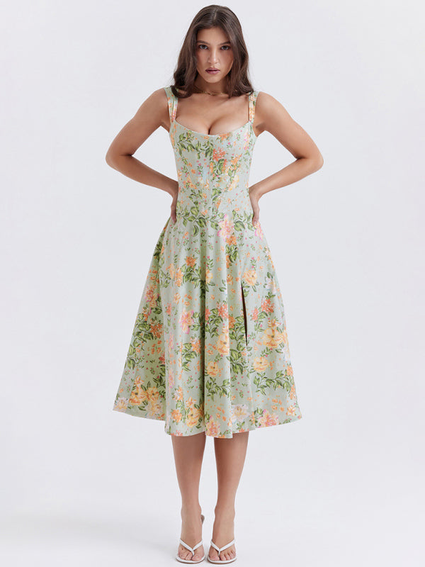 Women’s Slim Suspender Sexy Slit Floral Dress