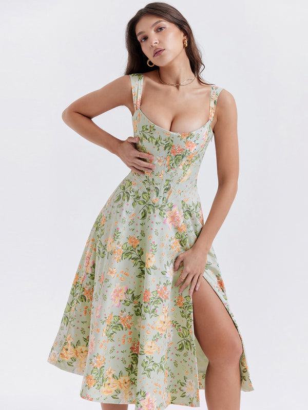 Women’s Slim Suspender Sexy Slit Floral Dress - Green / S