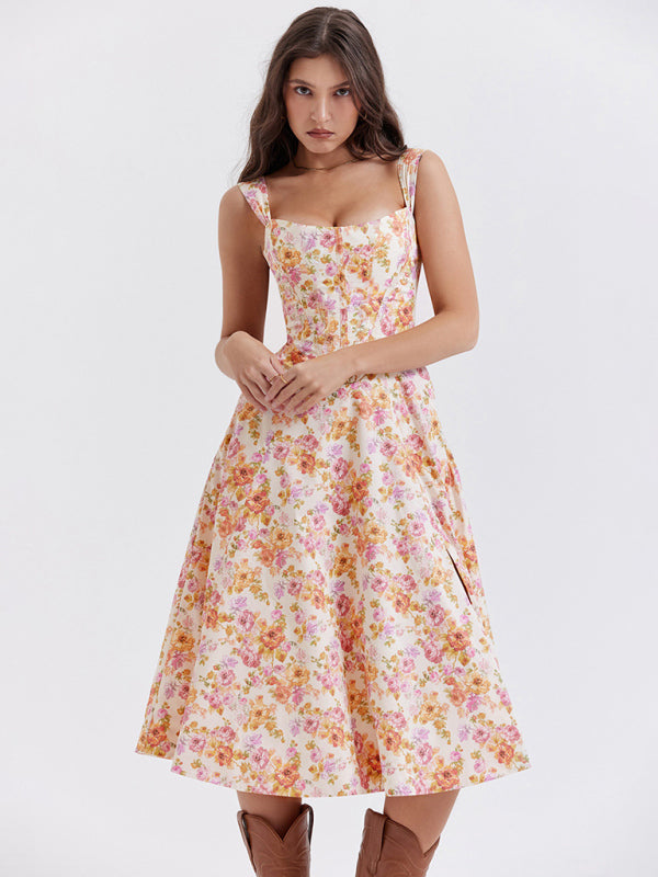 Women’s Slim Suspender Sexy Slit Floral Dress - Orange / S