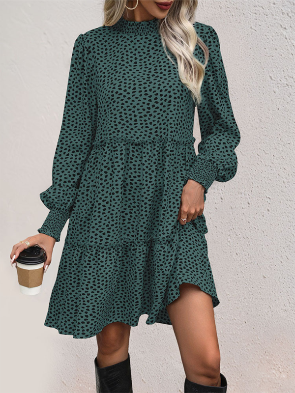 Women’s small stand collar leopard print long sleeve loose dress - Green black jasper / S