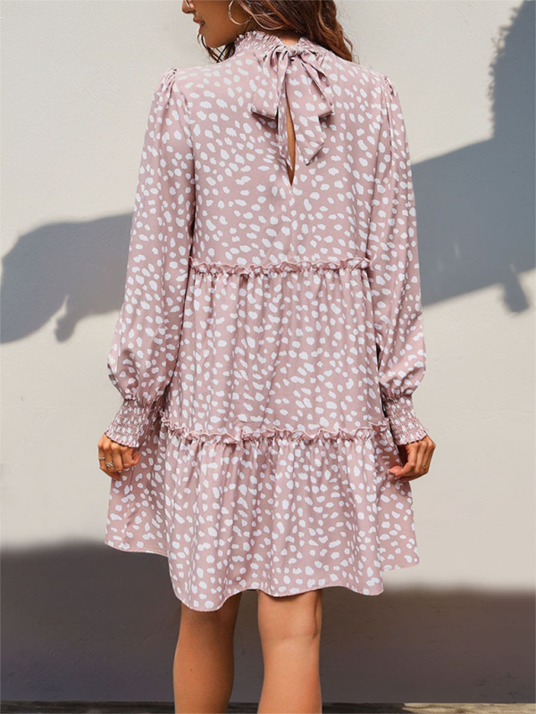 Women’s small stand collar leopard print long sleeve loose dress