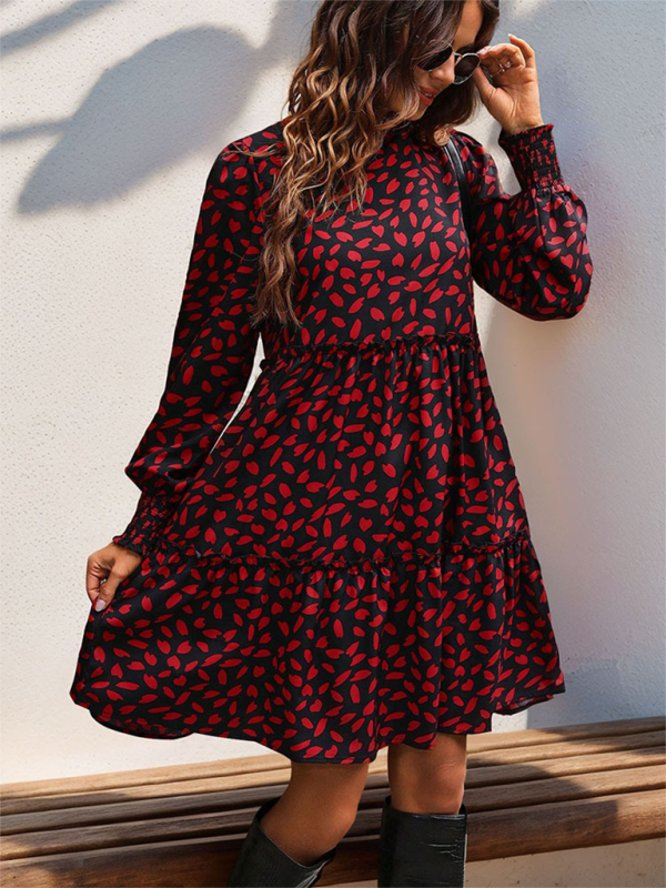 Women’s small stand collar leopard print long sleeve loose dress