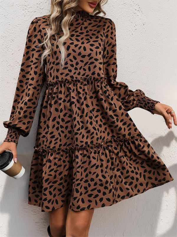 Women’s small stand collar leopard print long sleeve loose dress - Coffee / S