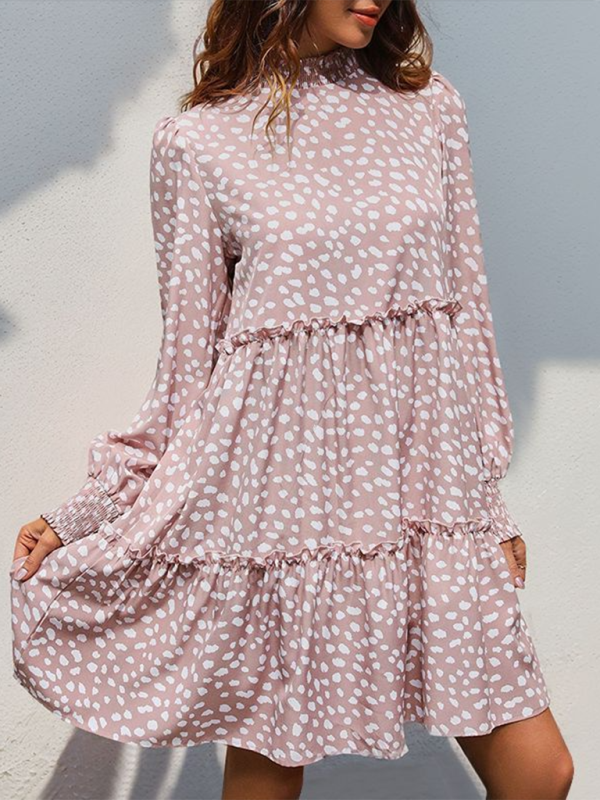 Women’s small stand collar leopard print long sleeve loose dress - Lotus root Pink / S