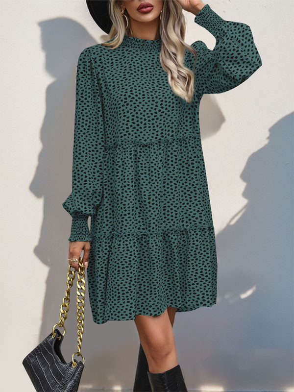 Women’s small stand collar leopard print long sleeve loose dress