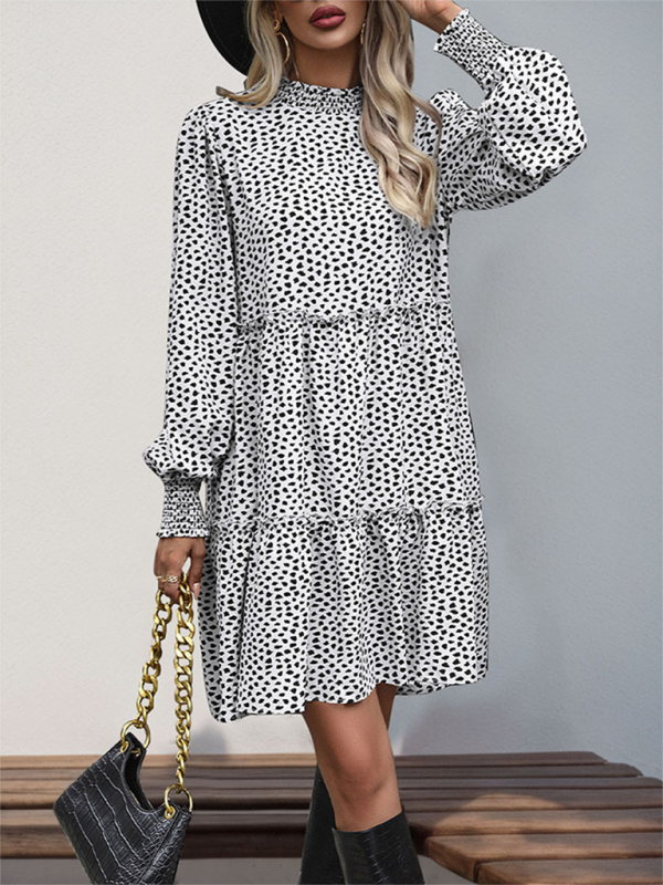 Women’s small stand collar leopard print long sleeve loose dress
