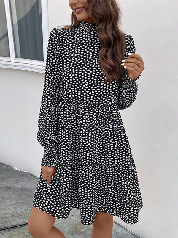 Women’s small stand collar leopard print long sleeve loose dress - Black / S