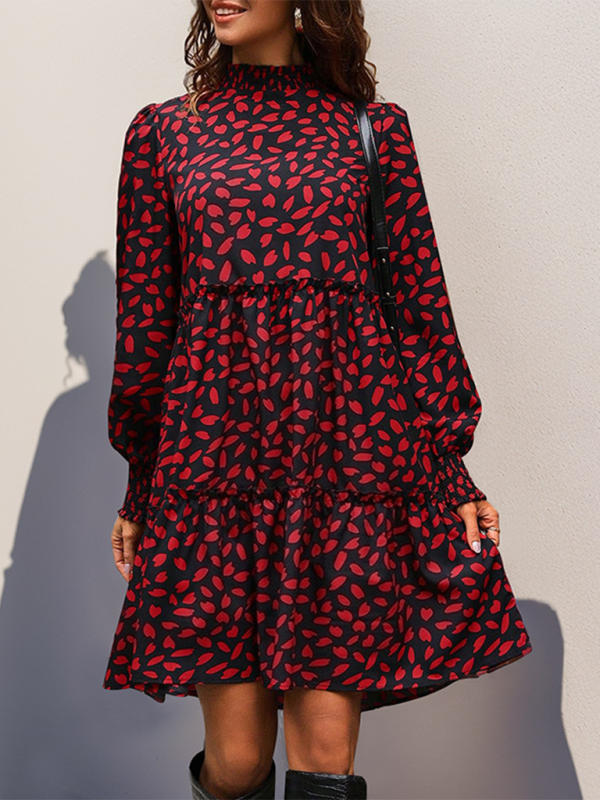 Women’s small stand collar leopard print long sleeve loose dress - Red / S