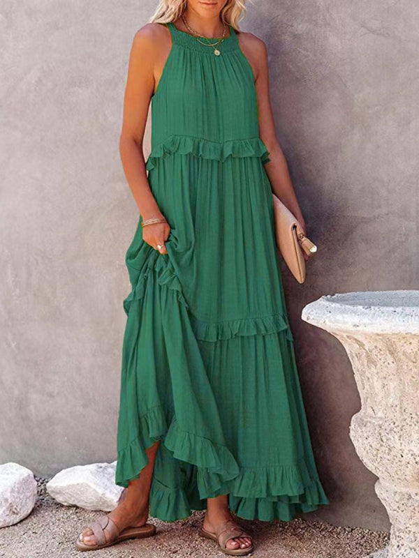 Women’s Solid Color A-Line Sleeveless Long Dress - Green / S