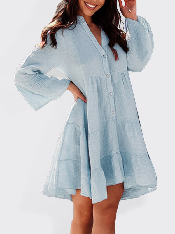 Women’s Solid color bell sleeve long sleeve dress - Blue / S