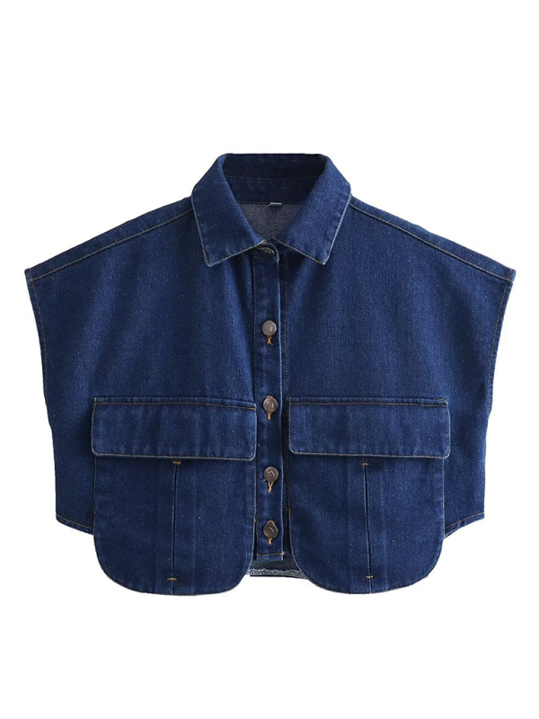 Women’s Solid Color Big Pocket Sleeveless Lapel Shirt Denim Top