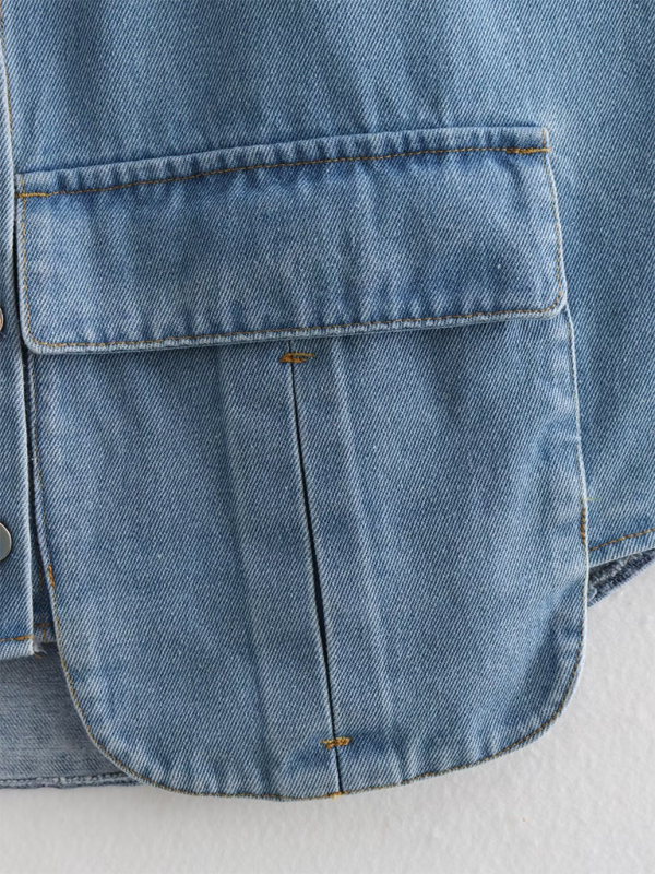 Women’s Solid Color Big Pocket Sleeveless Lapel Shirt Denim Top