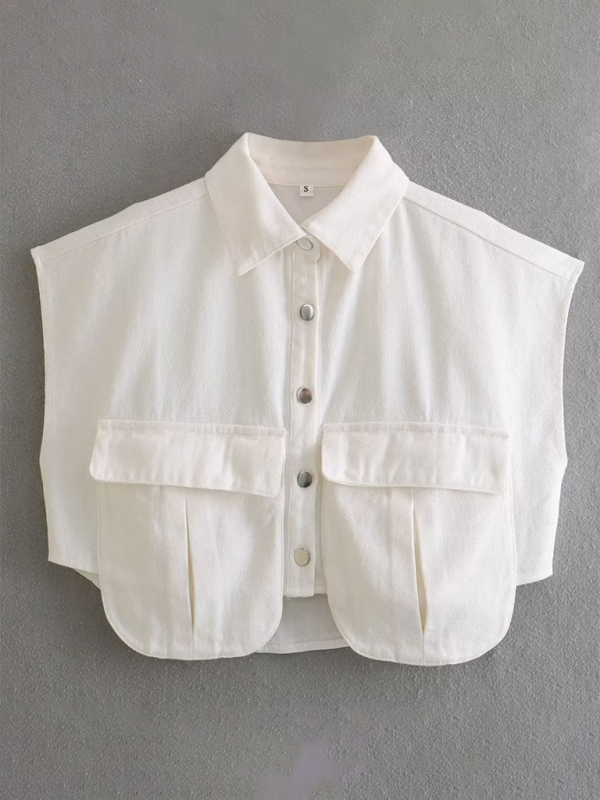 Women’s Solid Color Big Pocket Sleeveless Lapel Shirt Denim Top - White / S