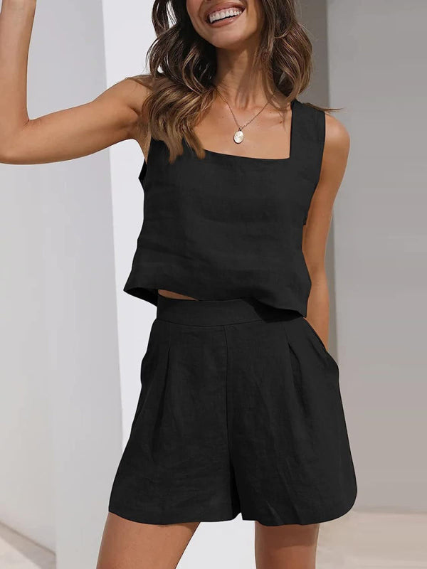 Women’s Solid Color Casual Cotton Linen Sleeveless Square Neck Top + Shorts Two-Piece Set - Black / S