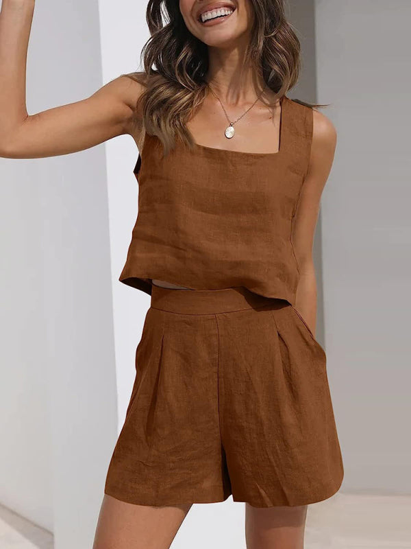 Women’s Solid Color Casual Cotton Linen Sleeveless Square Neck Top + Shorts Two-Piece Set - Coffee / L