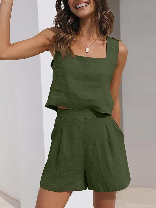 Women’s Solid Color Casual Cotton Linen Sleeveless Square Neck Top + Shorts Two-Piece Set - Olive green / L