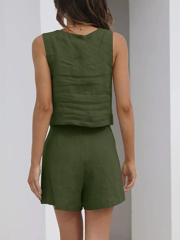 Women’s Solid Color Casual Cotton Linen Sleeveless Square Neck Top + Shorts Two-Piece Set