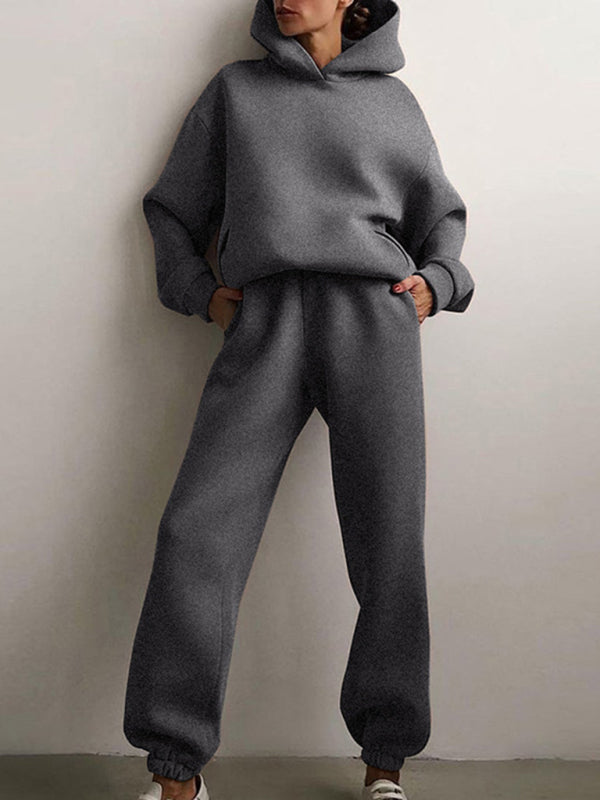 Women’s solid color casual fashion trousers thickened long-sleeved hooded set - Grey / S