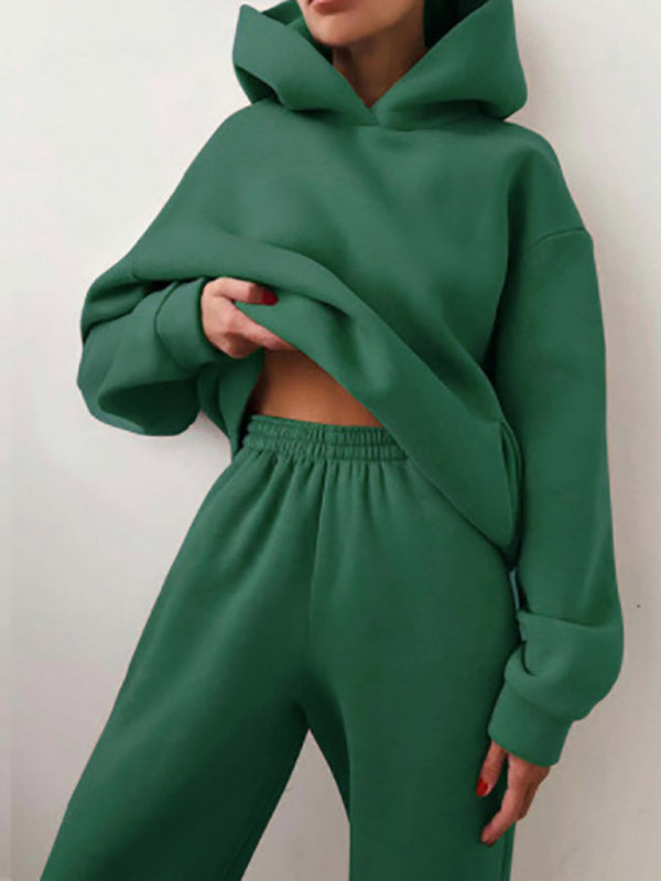 Women’s solid color casual fashion trousers thickened long-sleeved hooded set - Green / S