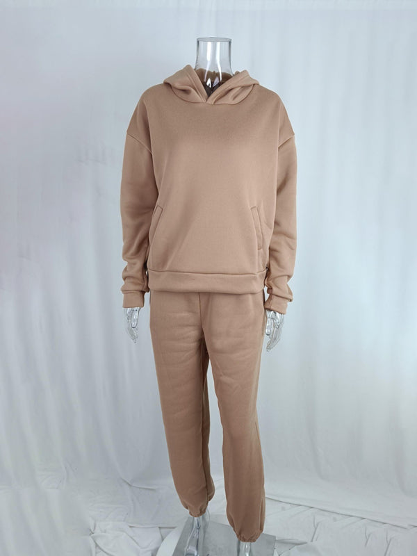 Women’s solid color casual fashion trousers thickened long-sleeved hooded set