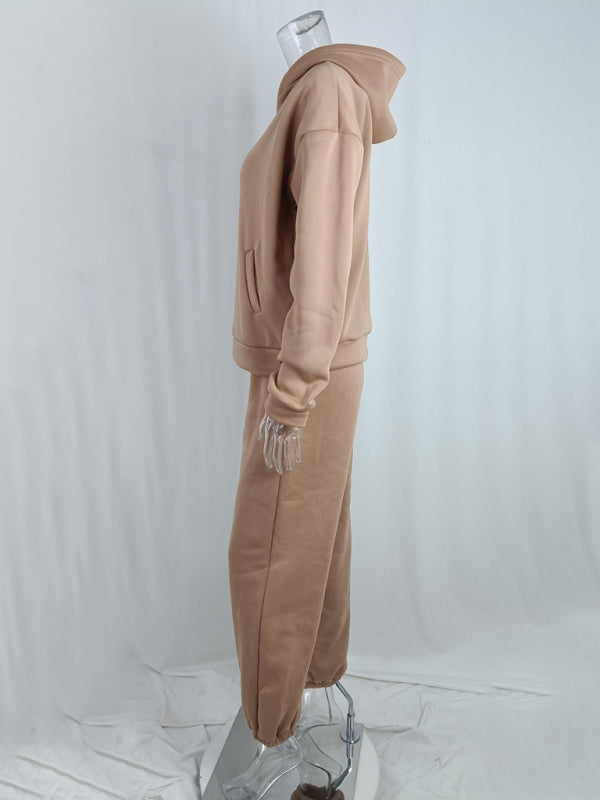 Women’s solid color casual fashion trousers thickened long-sleeved hooded set