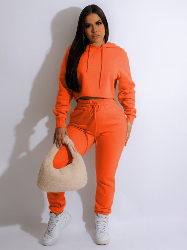 Women’s solid color casual hooded sweatshirt suits - Orange / XL