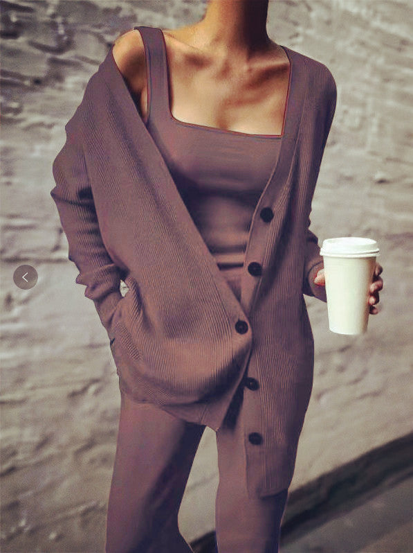 Women’s solid color casual knitted three-piece suit - Coffee / S