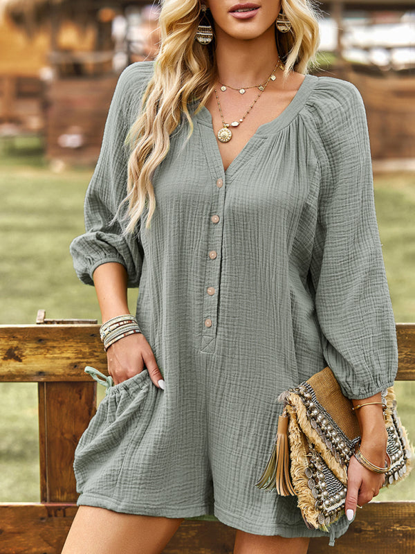 Women’s solid color casual loose cotton and linen jumpsuit