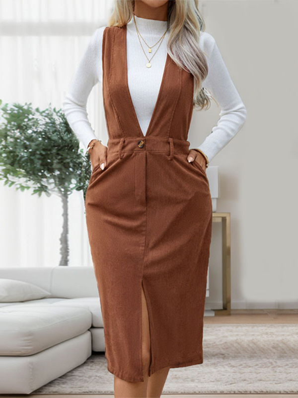 Women’s solid color casual mid-length overalls skirt