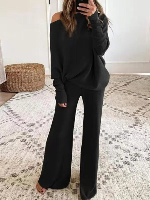 Women’s Solid Color Casual Solid Color Off Shoulder Knit Suit - Black / 3XL