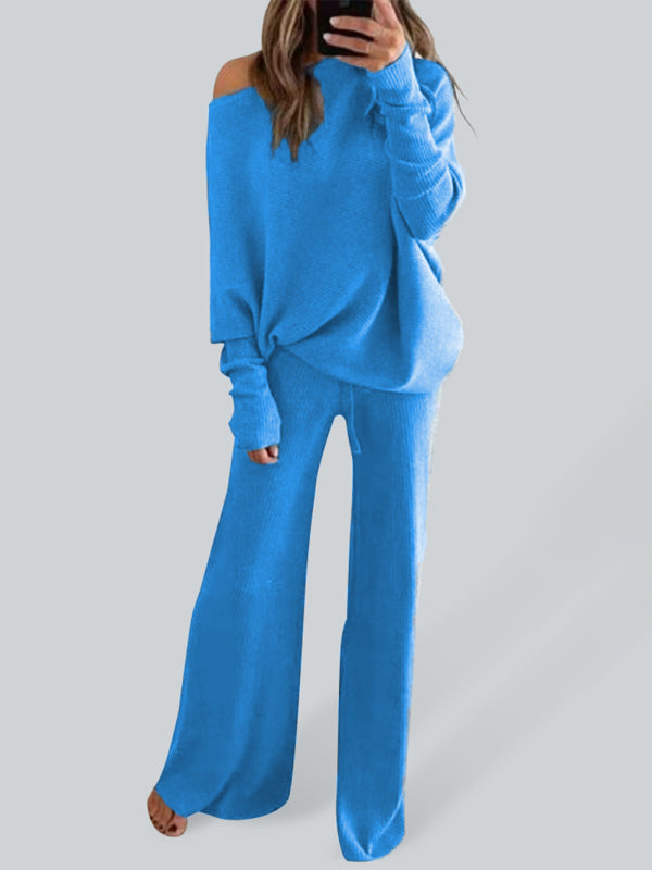 Women’s Solid Color Casual Solid Color Off Shoulder Knit Suit - Blue / S