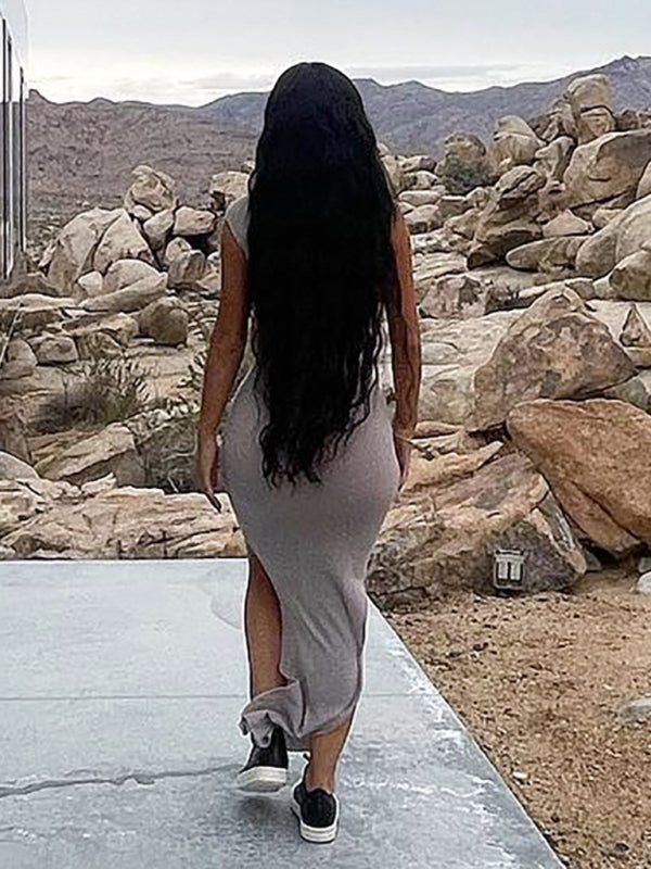 Women’s Solid Color Casual Pleated Shoulder Slit Slim Long Dress