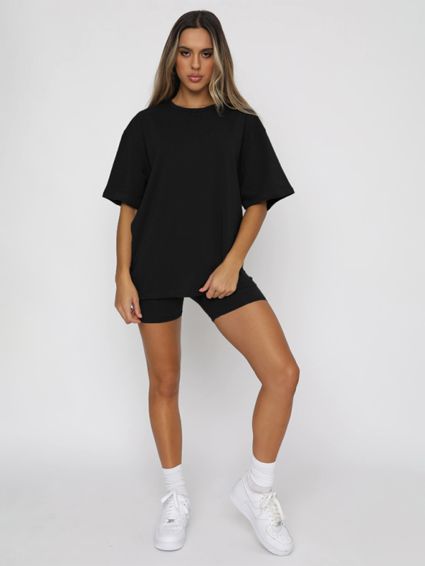 Women’s solid color casual short-sleeved + shorts two-piece sets - Black / S