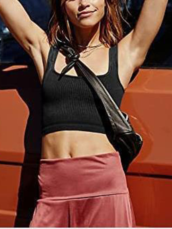 Women’s solid color casual thread short vest - Black / S