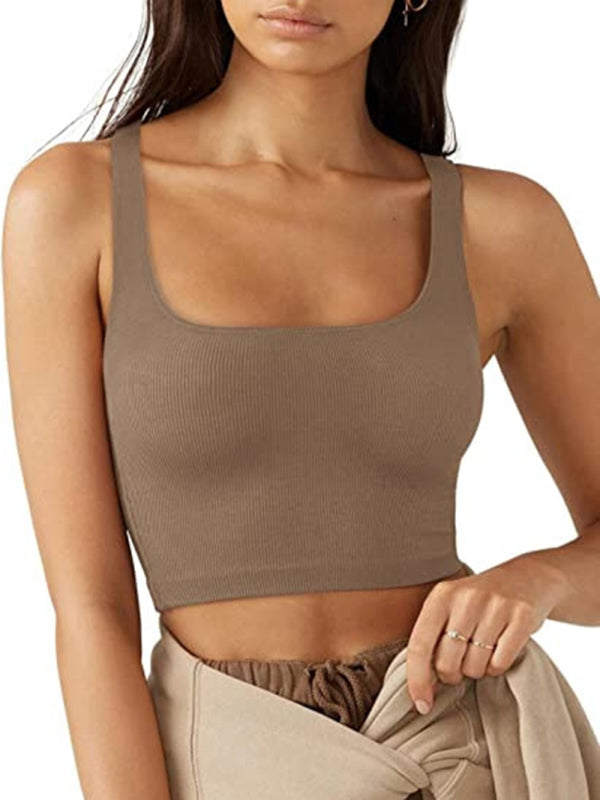 Women’s solid color casual thread short vest - Brown / S