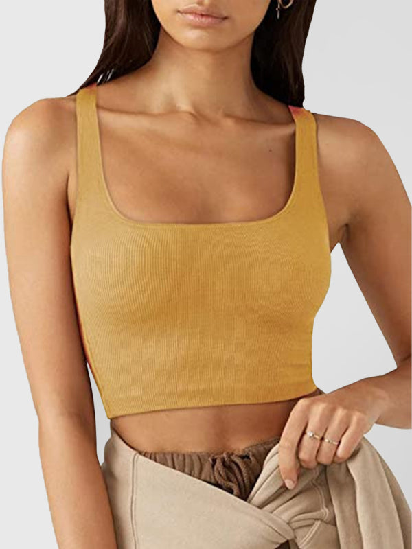 Women’s solid color casual thread short vest - Yellow / S