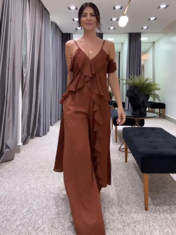 Women’s solid color chiffon V-neck suspenders ruffled straight pants two-piece set