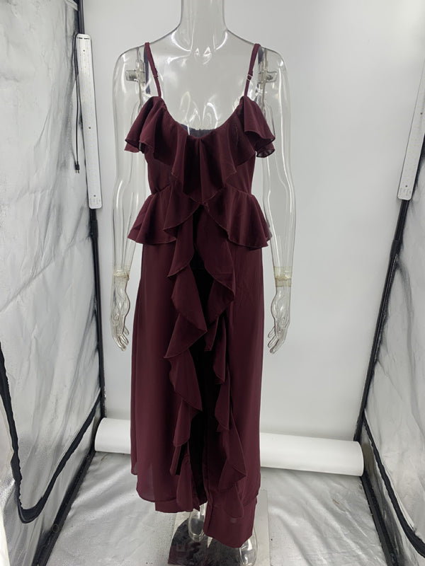 Women’s solid color chiffon V-neck suspenders ruffled straight pants two-piece set