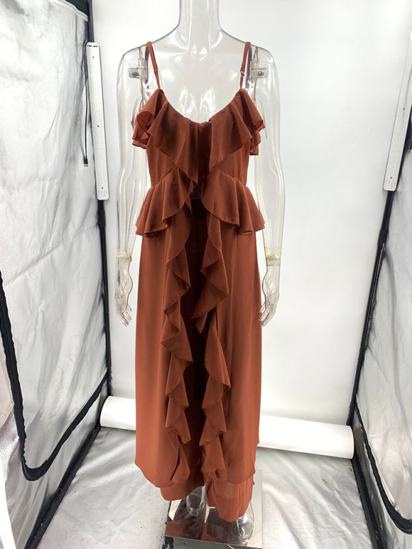 Women’s solid color chiffon V-neck suspenders ruffled straight pants two-piece set