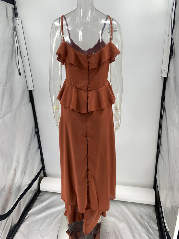 Women’s solid color chiffon V-neck suspenders ruffled straight pants two-piece set