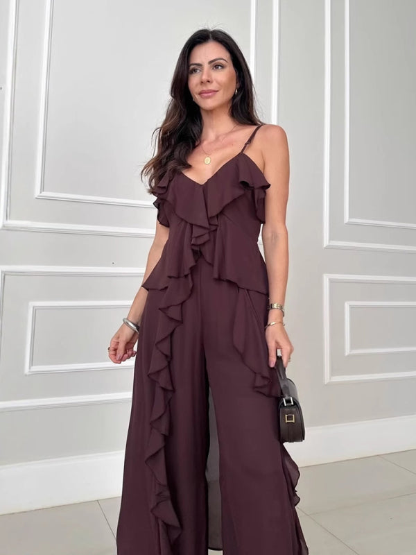 Women’s solid color chiffon V-neck suspenders ruffled straight pants two-piece set